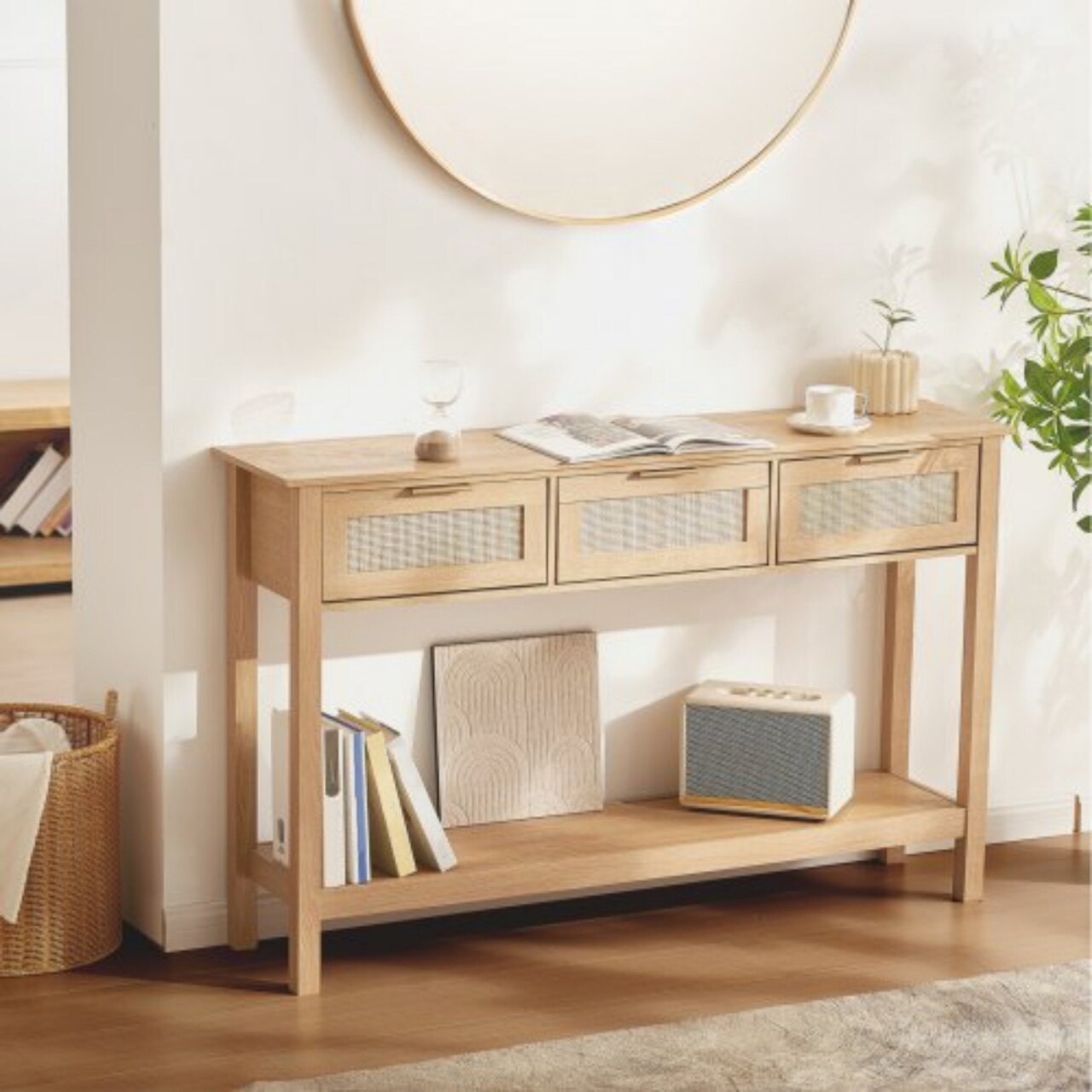 Natural Rattan Console Entryway Storage Table with 3 Drawers and Open Shelf for Living Room or Hallway